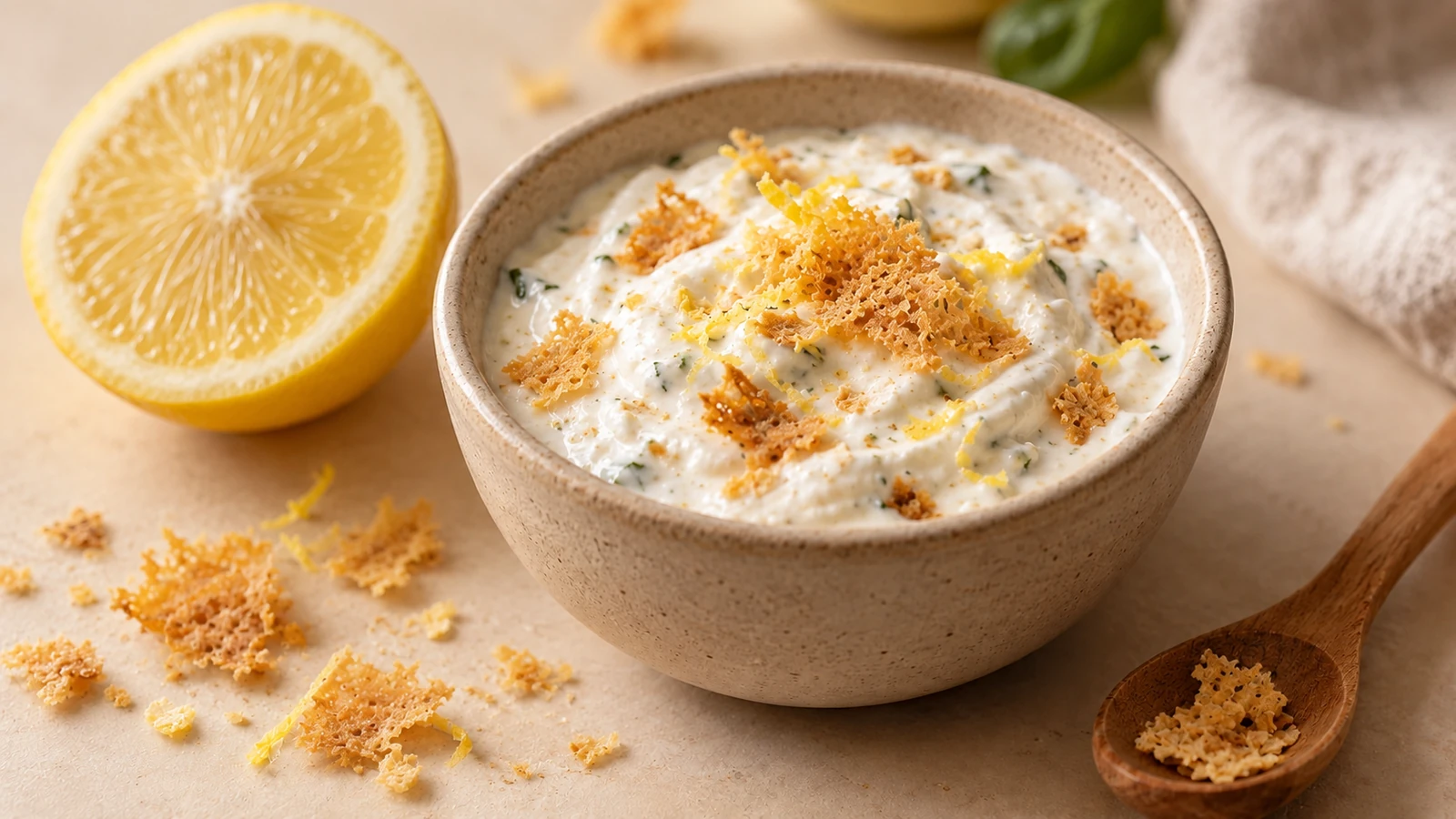 Соус на кокосовому йогурті з Flakes, цедрою лимона та сіллю в невеликій мисці